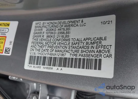 2021 Honda Accord Sport Special Edition из США, поврежденный, VIN 1HGCV1F49MA121867